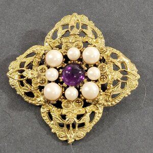 Vintage Maltese Cross Brooch Gold Tone Filigree Faux Pearl Purple Cabochon 2.5"